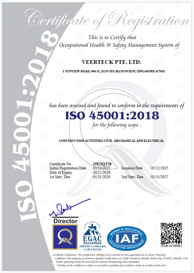 Veerteck Pte Ltd company certifications and compliance documents ISO45001